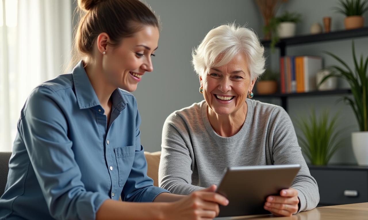 A friendly trainer assisting a senior woman with a tablet.