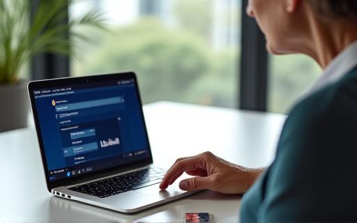 A senior woman engaged with online banking on a laptop
