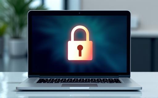 A closed laptop with a lock icon illustrating online security