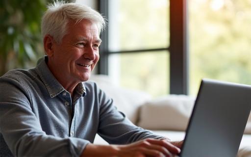 A senior man confidently using a laptop