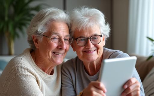 A senior couple happily making a video call on a tablet